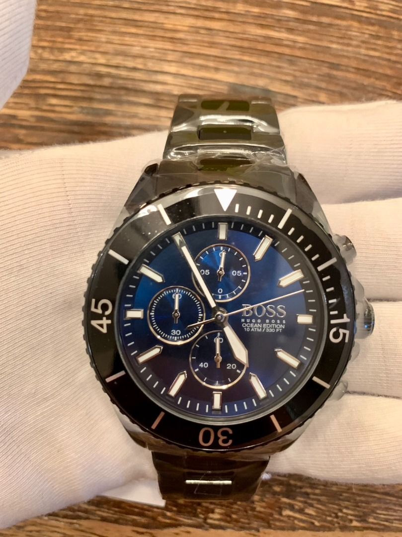 HUGO BOSS】 全新Ocean Edition 海軍藍黑色精鋼錶帶三眼計時手錶- Ouye