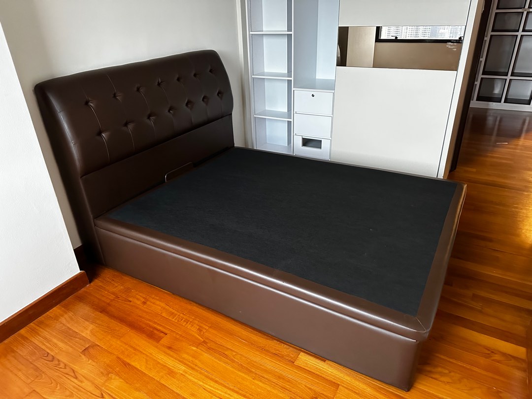 Leather Queen Bed Frame with Hydraulic Storage, Furniture & Home Living