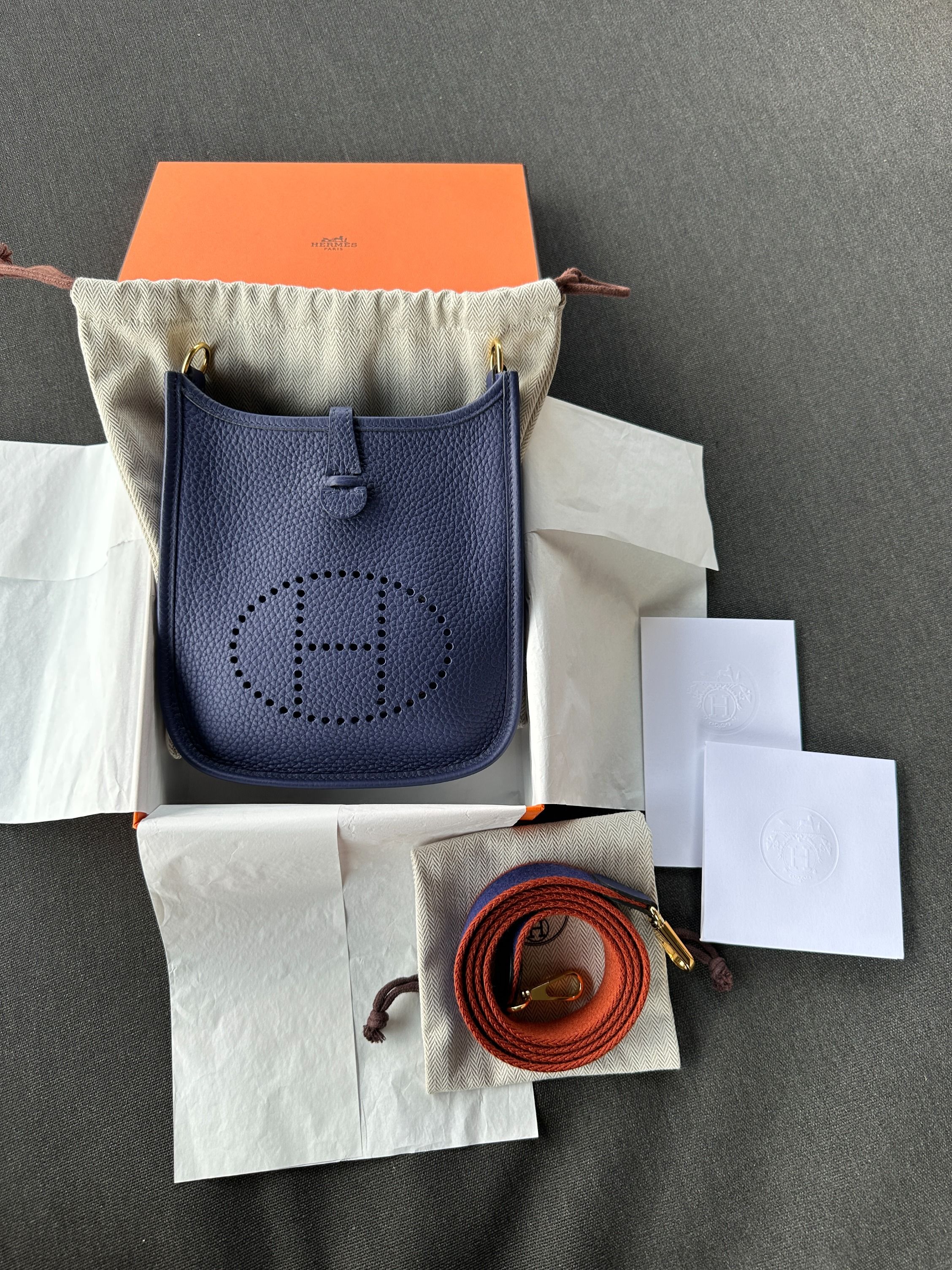 Hermes Evelyn Mini Bleu Agate Clemence, Luxury, Bags & Wallets on Carousell