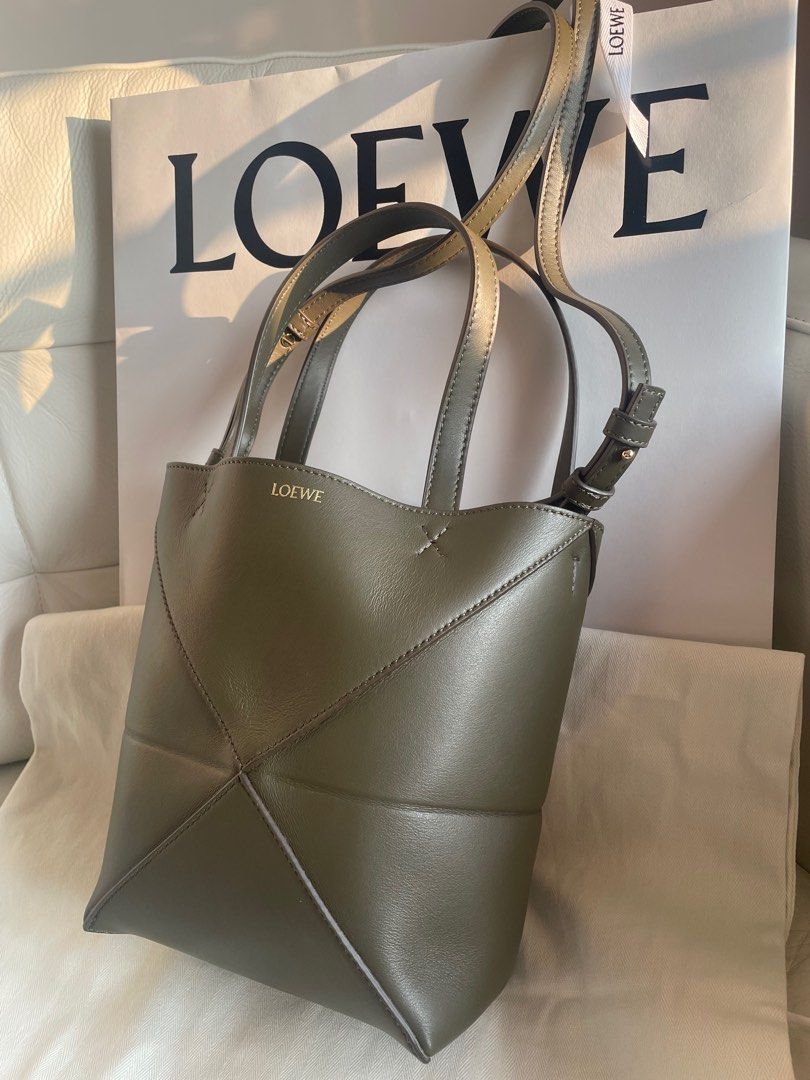 Mini Puzzle Fold Tote in shiny calfskin Dark Khaki Green - LOEWE