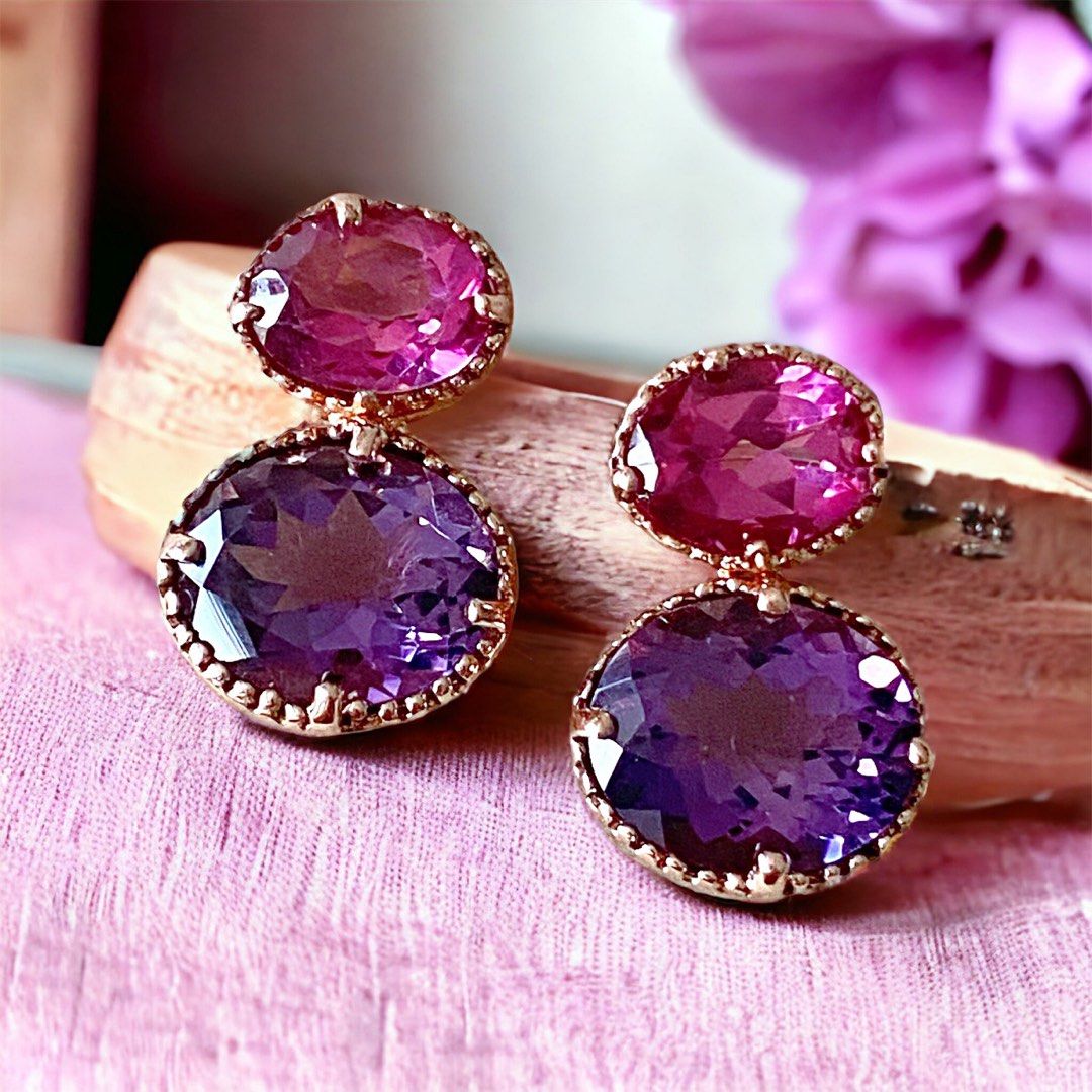 SOLD Natural pink topaz n amethyst earrings Women s Fashion
