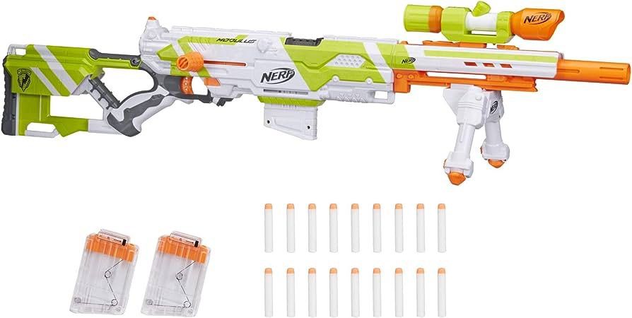 Nerf Longstrike Modulus （分類：動作及對戰玩具）位於 Hong Kong。 由 wintermelonboom 提交（商品編號 1258325831，圖片 3）。簡介： NERF樂活打擊Longstrike Modulus自由模組狙擊槍綠藍狙，附延長槍管、腳架、狙擊鏡、18 發 Modulus Elite 飛鏢和 3 個六連彈匣。兒童、青少年和成人皆宜。