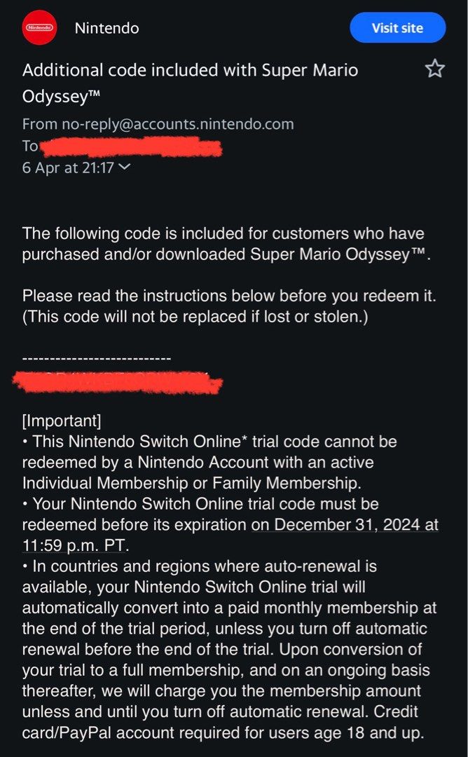 Nintendo online shop trial code