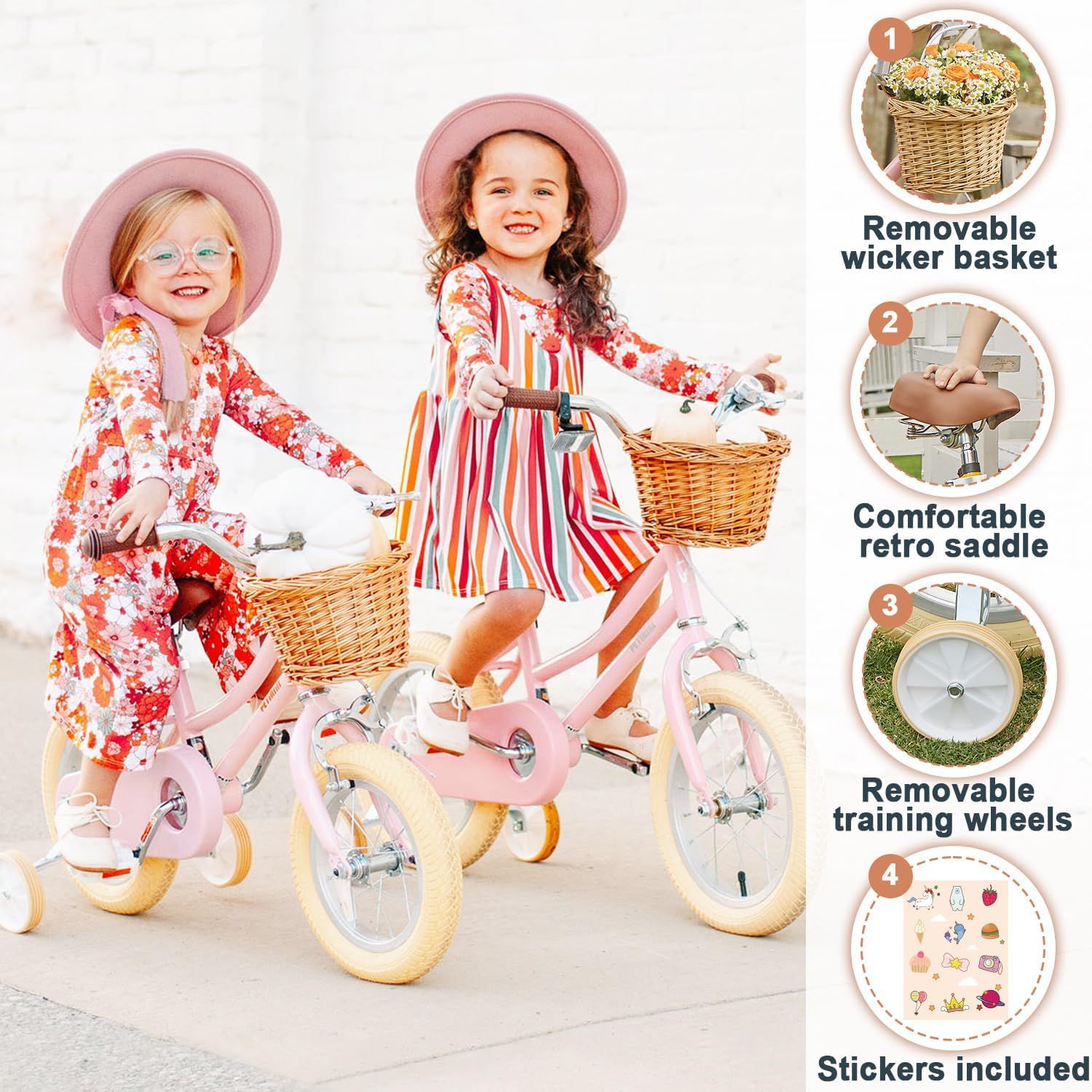 Petimini Kids Bike with Basket for 2 8 Years Old Girls 12 14 16 18 Inch with Bell and Training Wheels Multiple Colors Pink