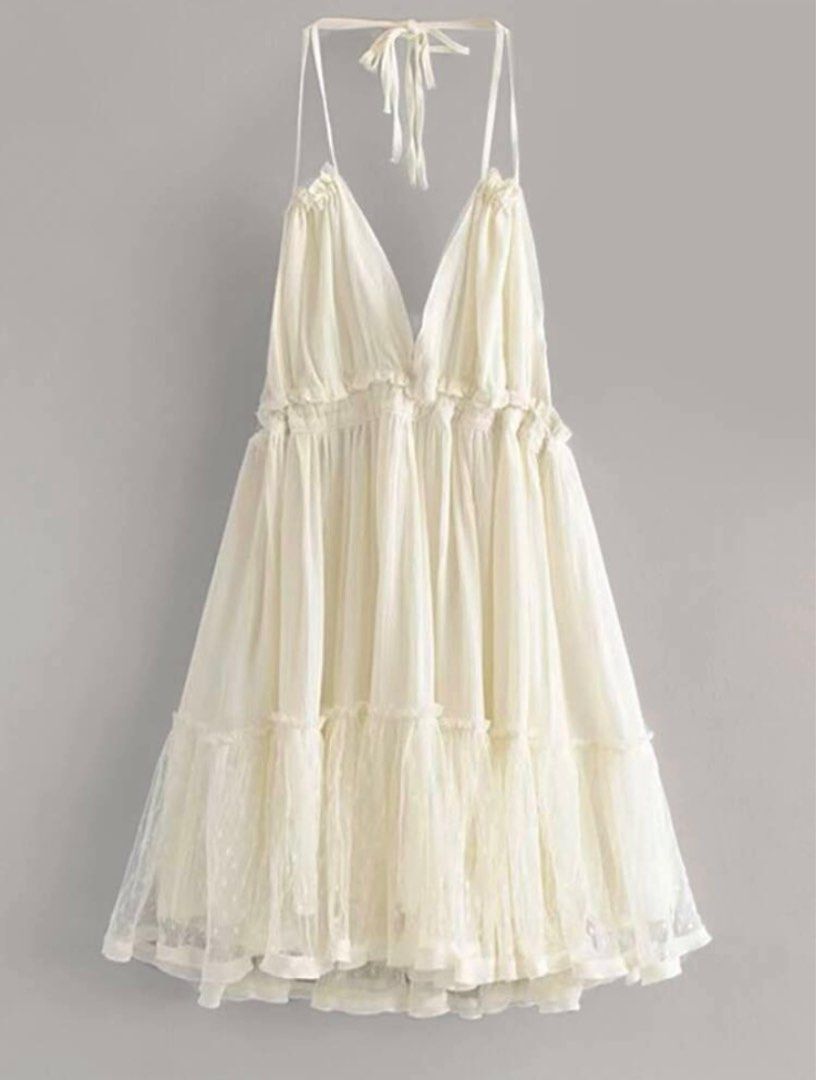 self tied ruffled mesh halter backless dress, Women's Fashion, Dresses &  Sets, Dresses on Carousell