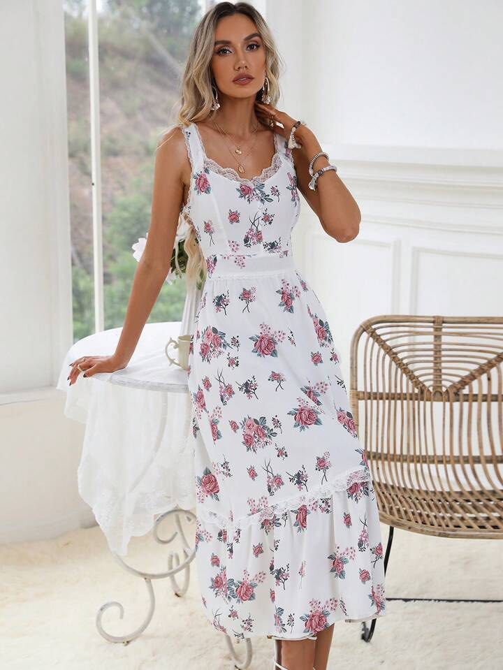 SHEIN VCAY Random Floral Print Contrast Lace Shirred Back Ruffle