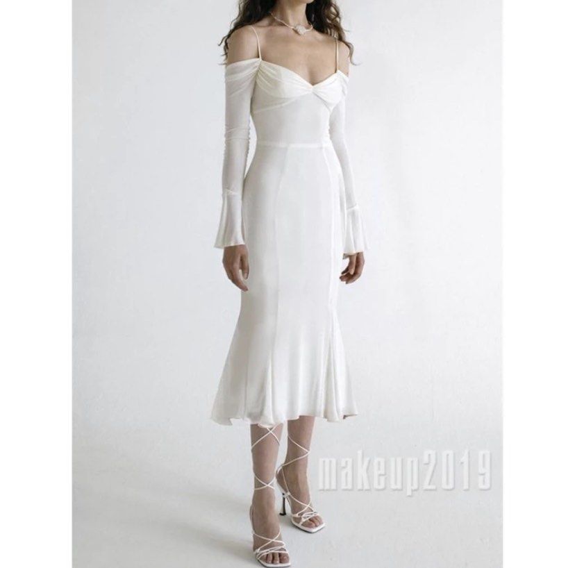 White ruffle hem off shoulder long sleeve sales to