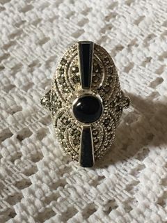 Vintage Silver Ring with Onyx & Marcasite Stones