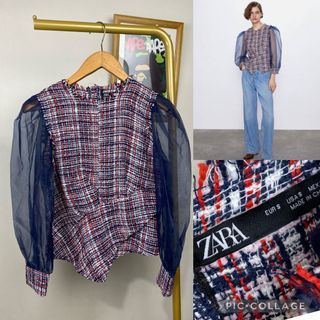 ZARA ORGANZA PUFFSLEEVE TWEED TOP