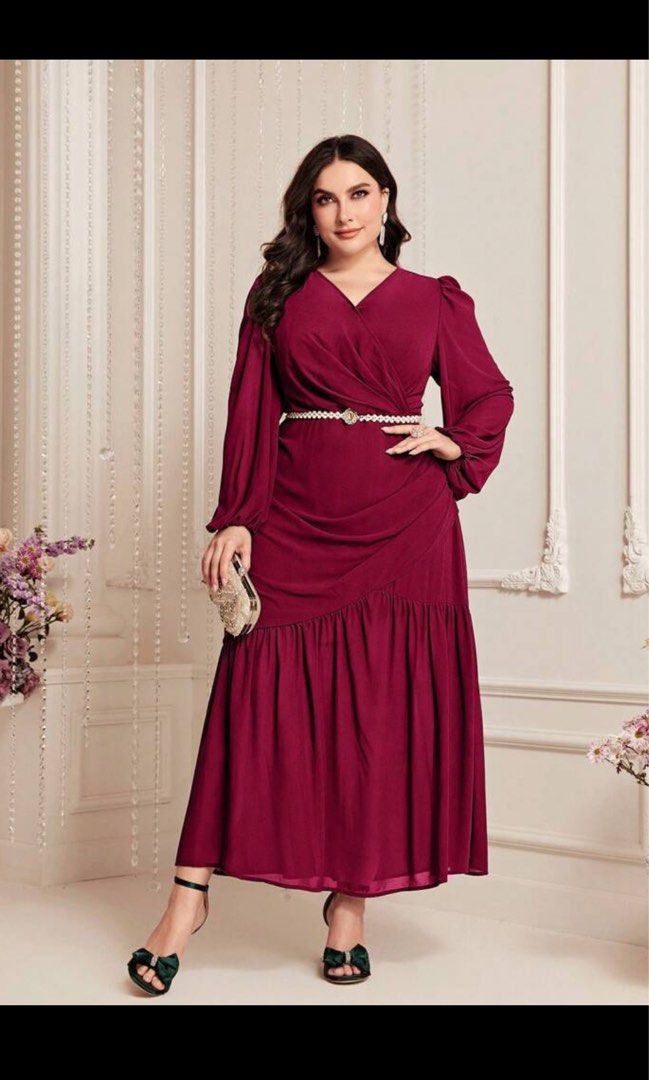 4XL US20 UK24 Ruched ruffle hem Burgundy Red wine long maxi dress