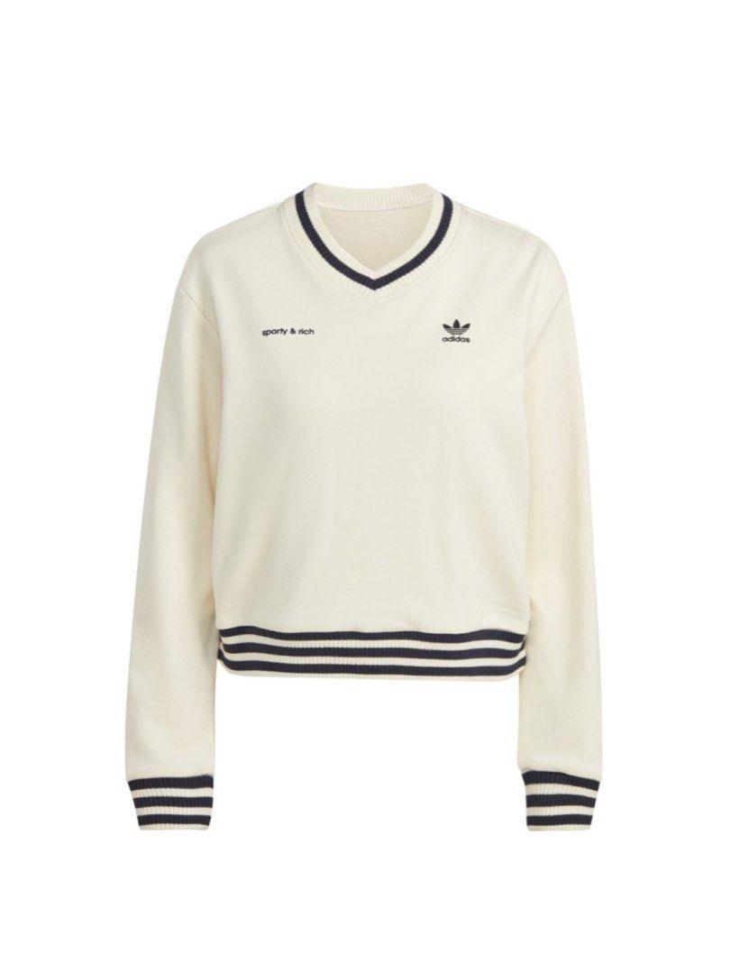 ADIDAS x Sporty Rich V-Neck Crewneck Sweater White Stripes Black
