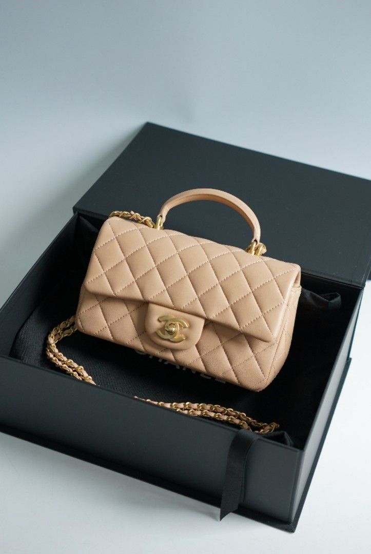 Chanel Mini Rectangle Top Handle 21A Beige Lambskin in Aged Gold Hardware ( Microchip), Luxury, Bags & Wallets on Carousell