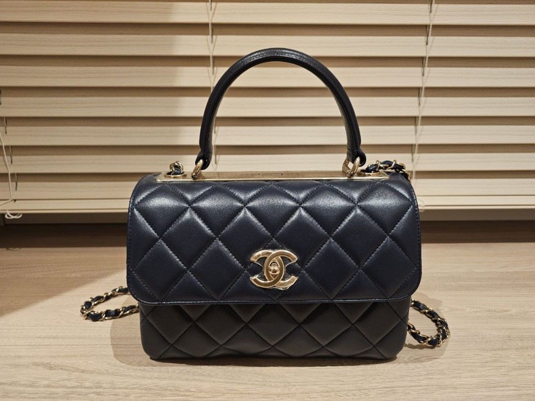 Chanel Trendy CC flap bag with top handle lambskin small blue navy gold hardware