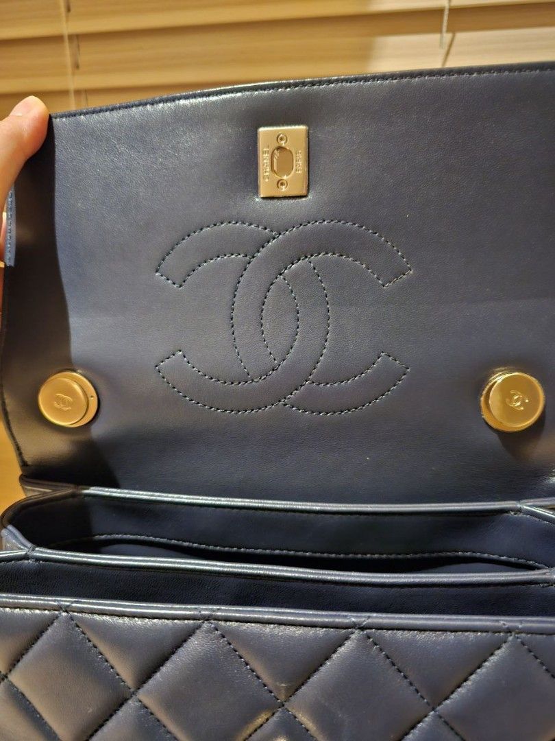 Chanel Trendy CC flap bag with top handle lambskin small blue navy gold hardware