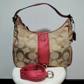 COACH SIGNATURE STRIPE TOTE SHOULDER HANDBAG KHAKI BROWN & PINK  E1305-F21873