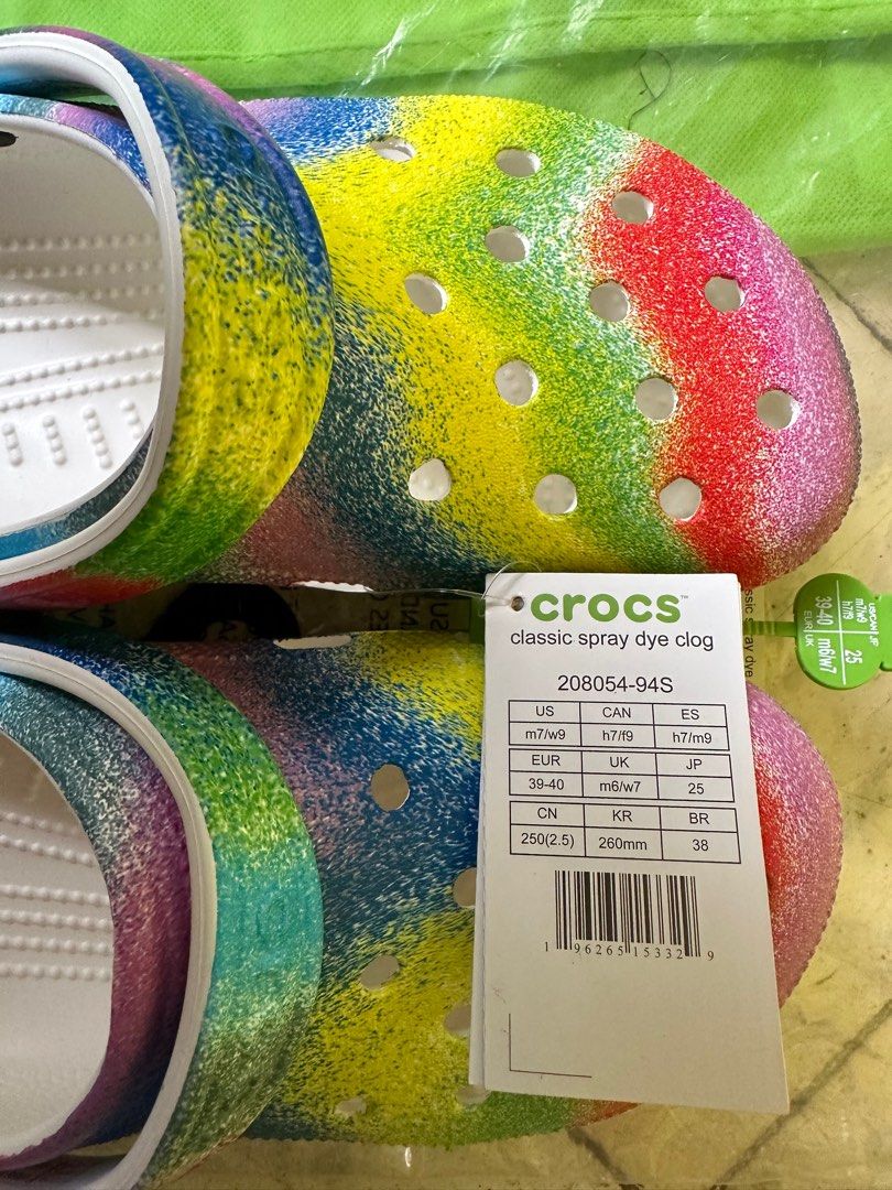 Crocs Clogs Spray Dye M7/W9 (Category: Slippers and slides) located in San Juan City. Submitted by ririmmo2 (Listing ID 1258531945, Image 2). Description: RFS: too big for me Size 7 Men;9 Women Brand new, never used Complete with bag, plastic, tag Regular SRP is 1899 (see last pic).