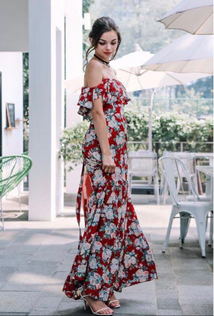Red floral clearance maxi dress