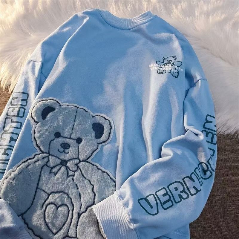 Fluffy Teddy Bear Embroidery Light Cotton Women Long Sleeve Top