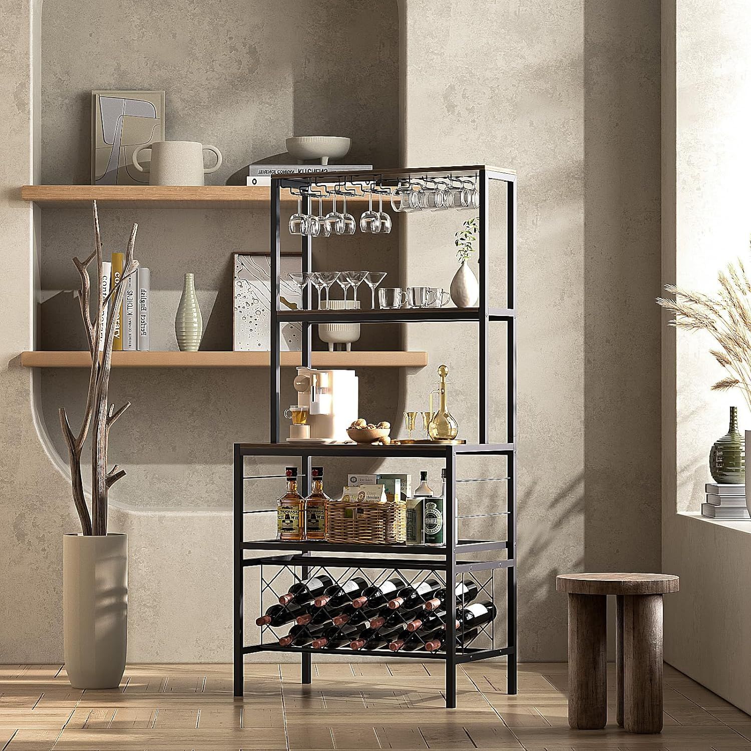 GEBAROW Floor Bar Cabinet with Wine Rack Industrial Wine Bakers Rack with LED and Sockets FreeStanding Wine Bar Rack Bar Cabinet with Glass Bottle Holder for Home Kitchen Dining Room Rustic Brown
