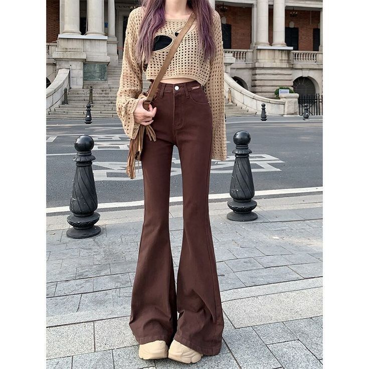 High Waisted Brown Flare Pants, Women's Fashion, Bottoms, Jeans on Carousell