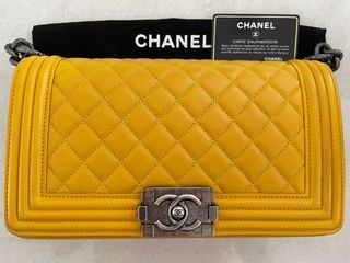 Authentic Chanel Aged Creasing Lambskin Yen Wallet in Mustard Yellow