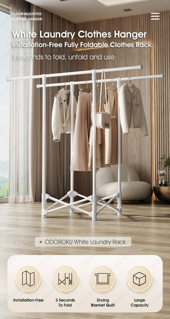 ODOROKU Foldable & Free Standing White Clothes Clothes Laundry Rack ...