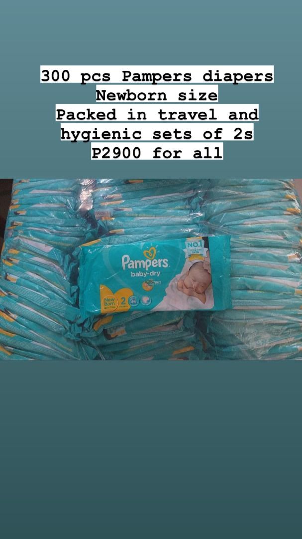 Pampers Diapers Newborn Size (Category: Diapers & Baby Wipes) located in Muntinlupa City. Submitted by trish987 (Listing ID 1258533236, Image 1). Description: Brand new 300 pcs Pampers diapers Newborn size Packed in travel and hygienic sets of 2s p2900 for all 300 pcs.