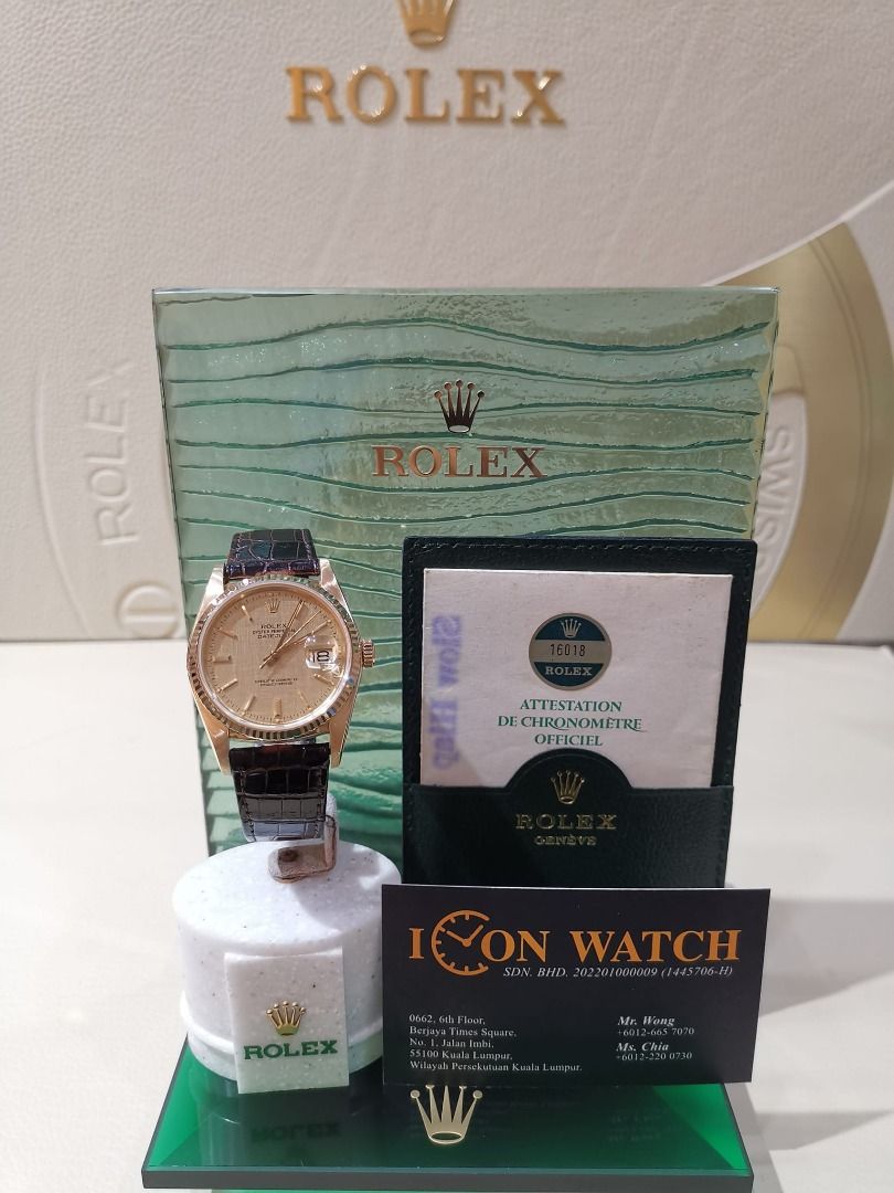Pre Owned Rolex 16018 Datejust Linen Gold Dial 18K Solid Gold 36mm with 18K original buckle Watch With Cert