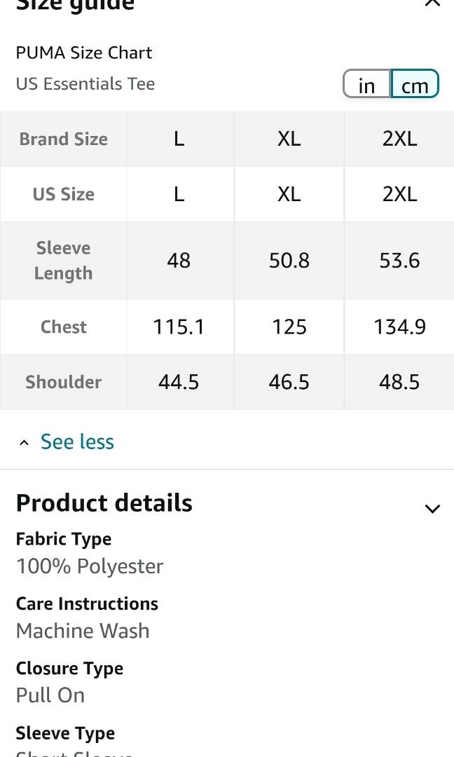 Puma golf top shirt size chart