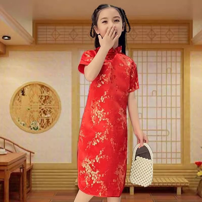READY STOCK Kids Girl Traditional Classic Silk Graphic Chinese New Year Mandarin Collar Short Sleeve Cheongsam