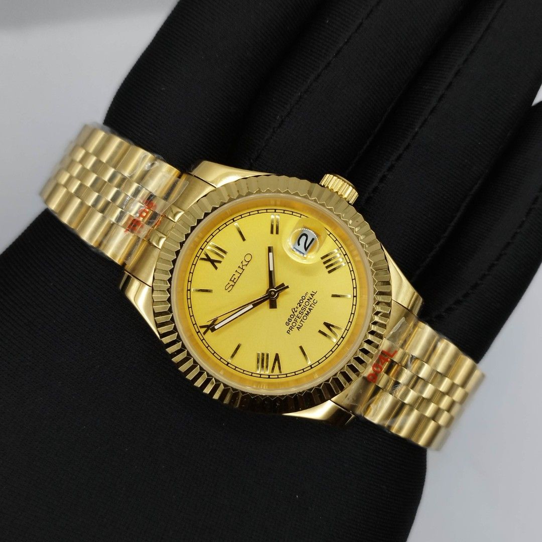 Seikolex date just gold (Category: Men's Watches) located in Quezon City. Submitted by WatchProject (Listing ID 1258401258, Image 1). Description: watch is personally build/customized and not affiliated to it's brand or any page specs and premium parts used original 7s26 movement newly overhauled and oiled movement aftermarket gold plated pvd base, strap jubilee solid links and endlinks , dial and hands sapphire glass 41mm case dm hacking and win