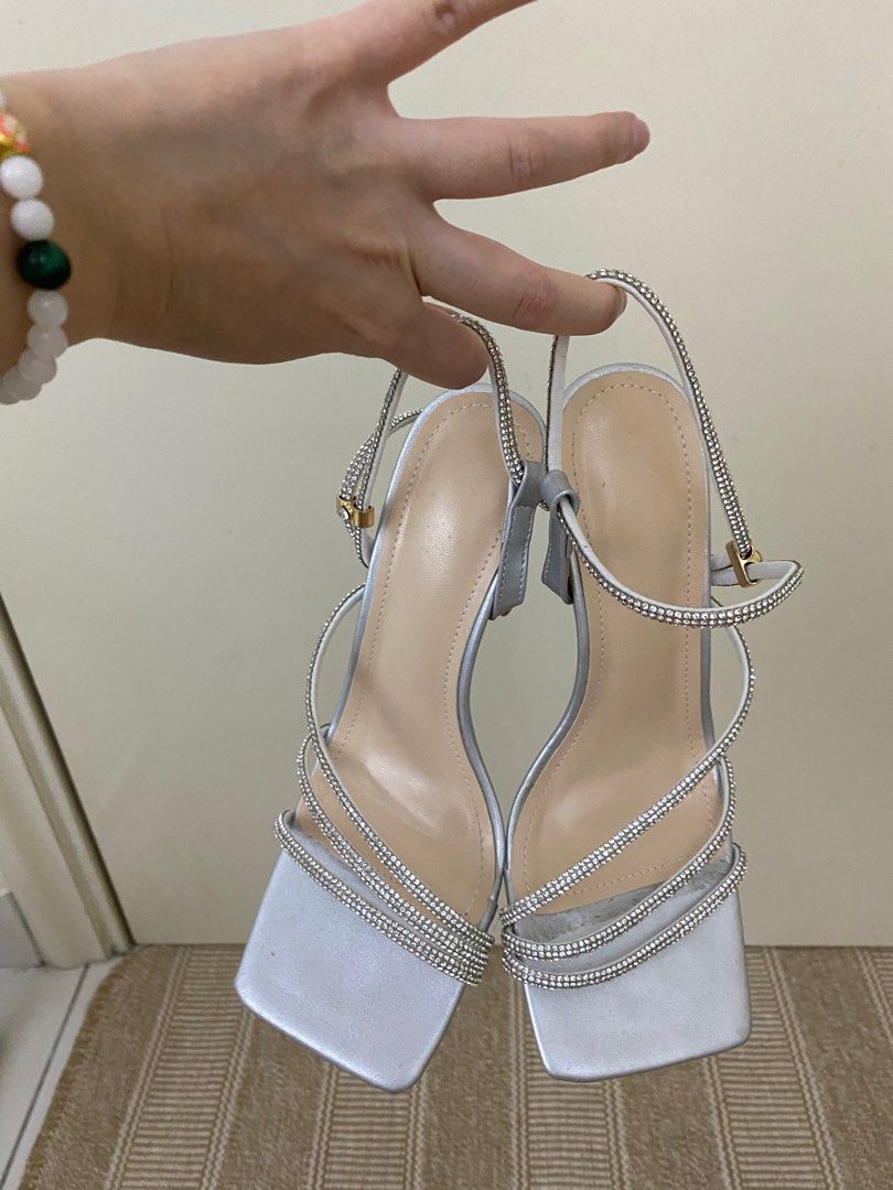 Silver Diamante Pin Heel Strap High Heeled Sandals | PrettyLittleThing USA