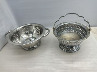 Silver metal Basket and Kitchen colander 245 each *Y348