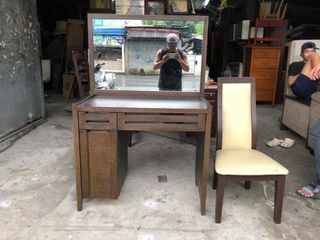 Solid wood vanity dresser with mirror and chair