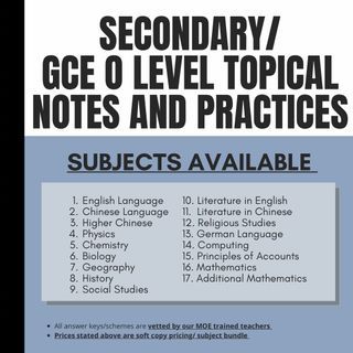 UPPER SECONDARY SEC 3 SEC 4|LOWER SECONDARY SEC 1 SEC 2|COMPREHENSIVE TOPICAL/SKILLSET REVISION NOTES|EXAM-STYLE TOPICAL PRACTICES|PRELIM EXAM PAPERS|EXAM REVISION & PREP BUNDLE (ALL SUBJECTS AVAILABLE)