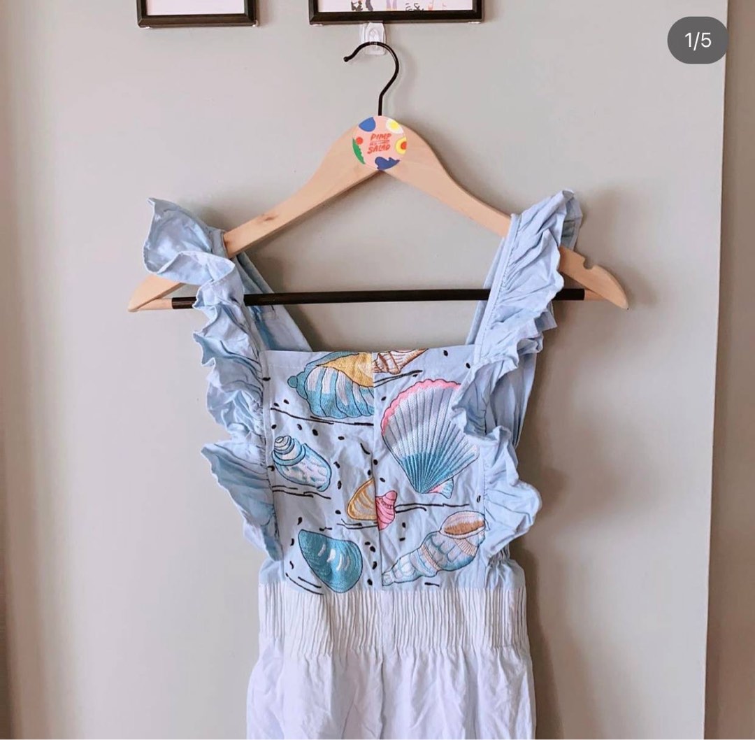 Vintage reworked seashell embroidery ruffle jumpsuit, Women's Fashion ...