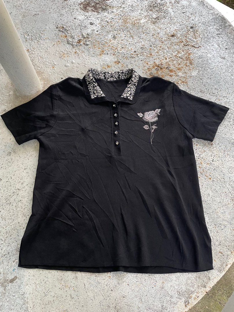 Vintage Rose Embroidered Polo Shirt, Women's Fashion, Tops, Shirts on
