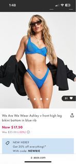 We Are We Wear Ashley v front high leg bikini bottom in blue rib