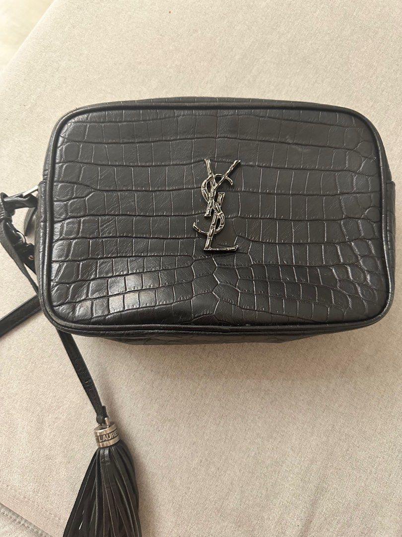 SAINT LAURENT Lou Croc-Embossed Camera Bag in Black Leather