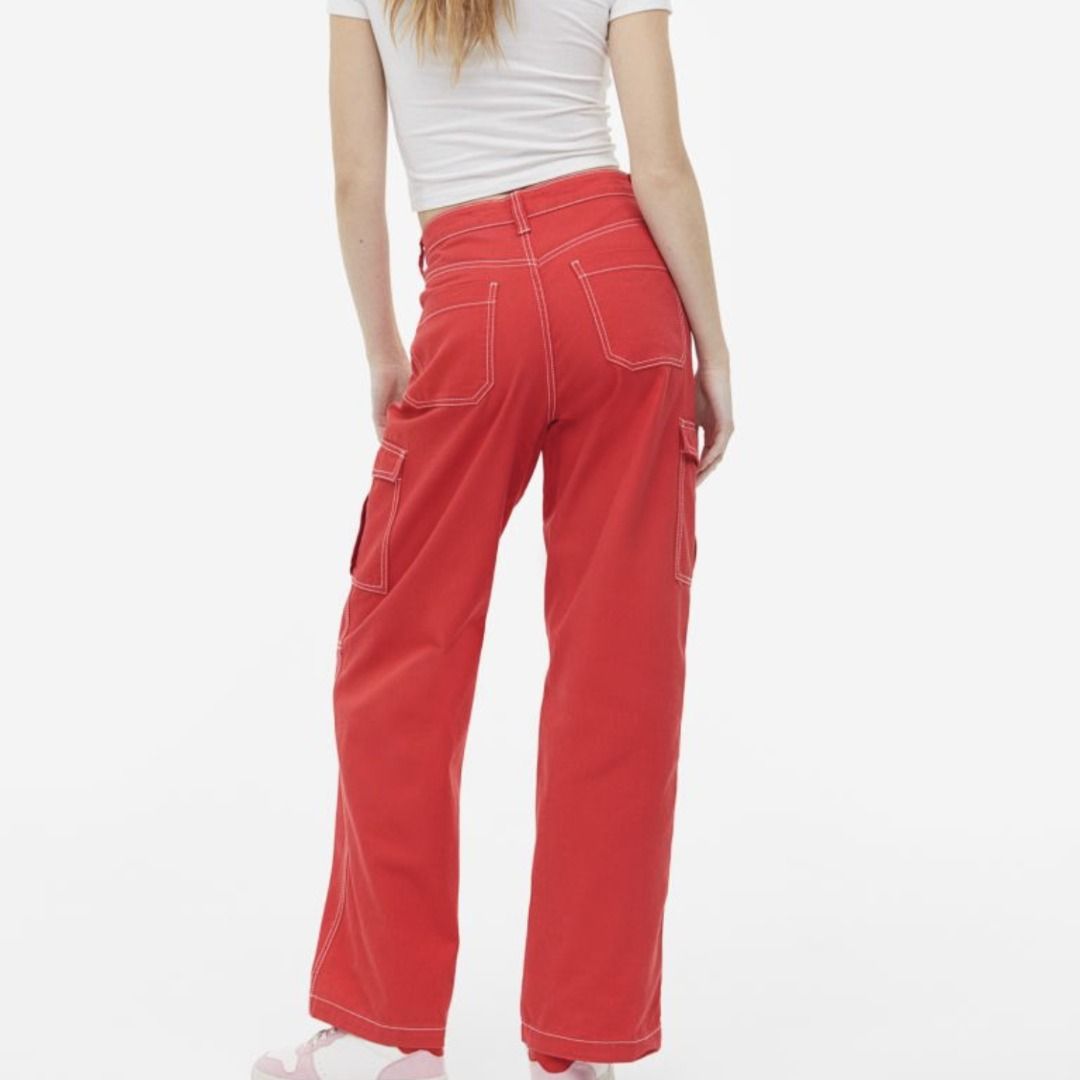 Women Red Twill Cargo Pants