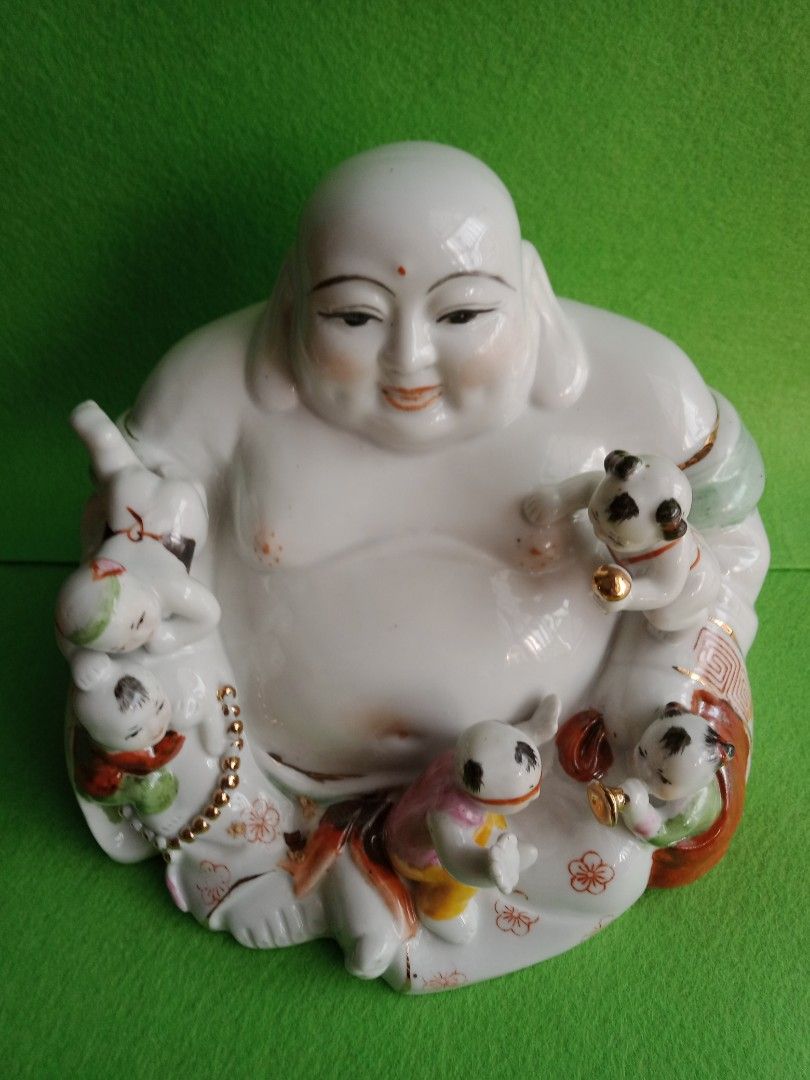 在庫人気中國 時代物 白瓷實心綠釉 彌勒大肚佛 仏像