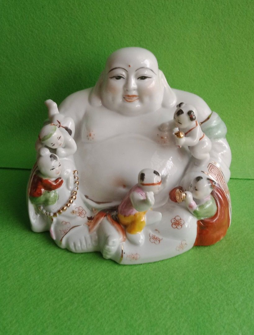 安価中國 時代物 白瓷實心綠釉 彌勒大肚佛 仏像
