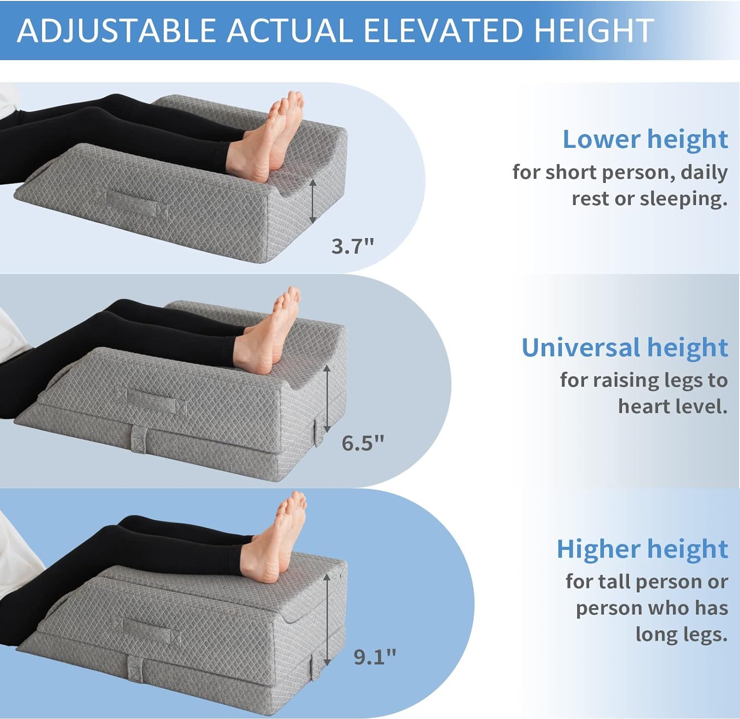 KingPavonini Leg Elevation Pillows 4-Height Adjustable Memory Foam for Surgery, Injuries, Rest, Grey, Gray