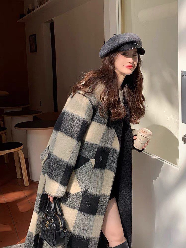 Black white checker wool long jacket winter coat