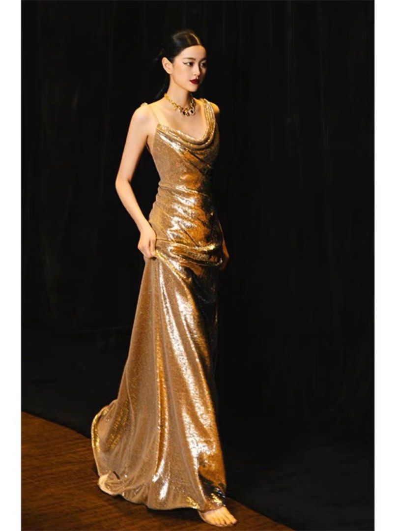 Can customise Shiny champagne gold sequin mermaid evening gown