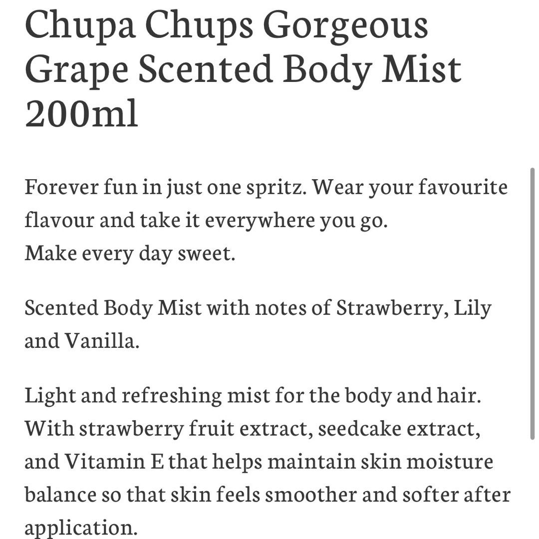 Chupa Chups Grape Scented Body Mist 200ml, Beauty & Personal Care, Fragrance