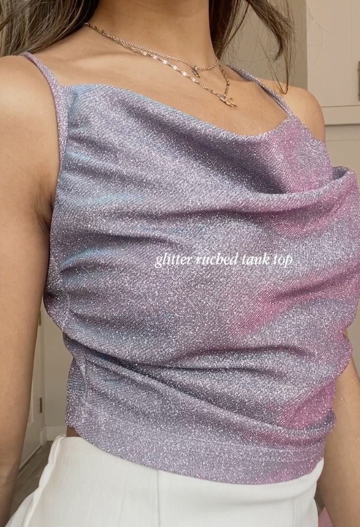 Cider Korean Glitter Kpop Ruched Cowl Neck Tank Top Purple, Women's Fashion, Tops, Sleeveless