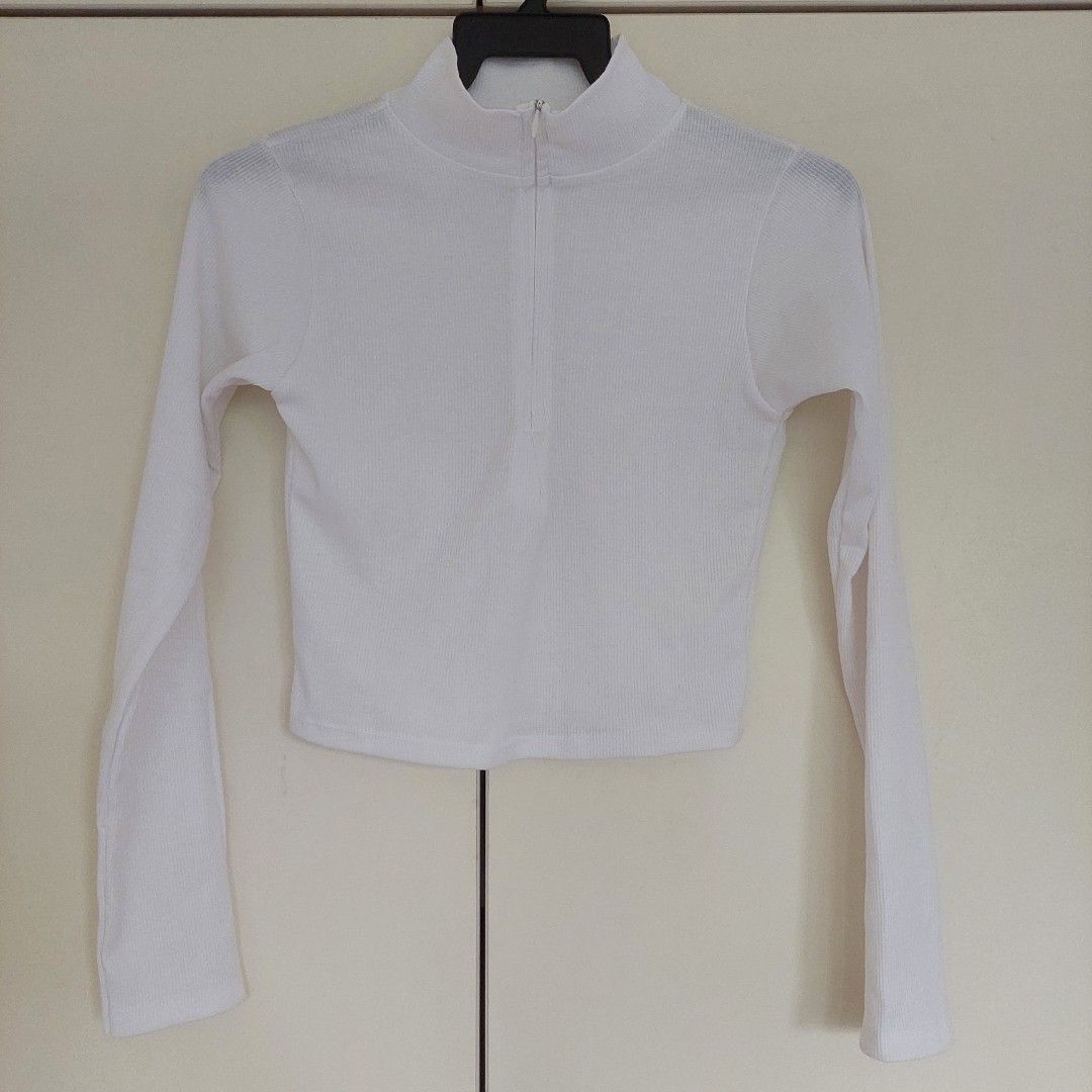 Cropped White Long Sleeves Top High Neck Women s Fashion Tops