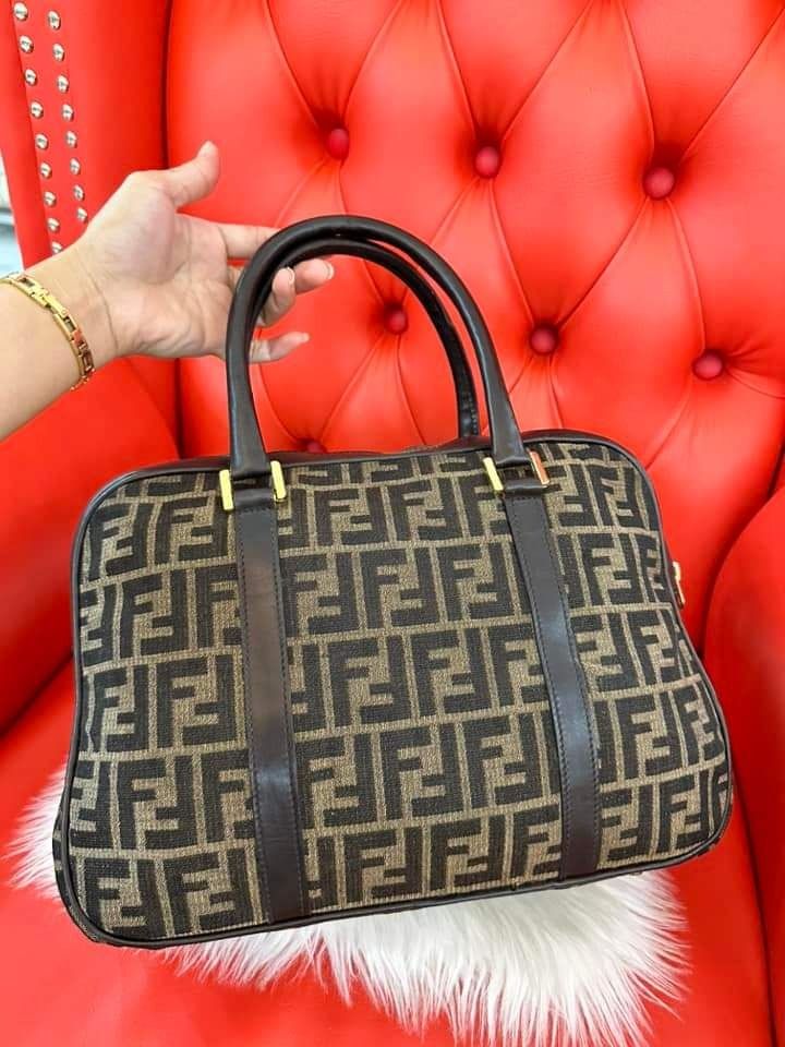 💋FENDI Zucca Hand Boston Bag Purse Canvas Leather Brown, Luxury