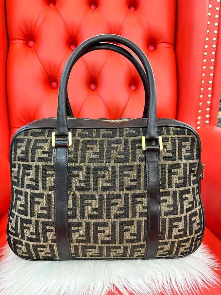 💋FENDI Zucca Hand Boston Bag Purse Canvas Leather Brown, Luxury